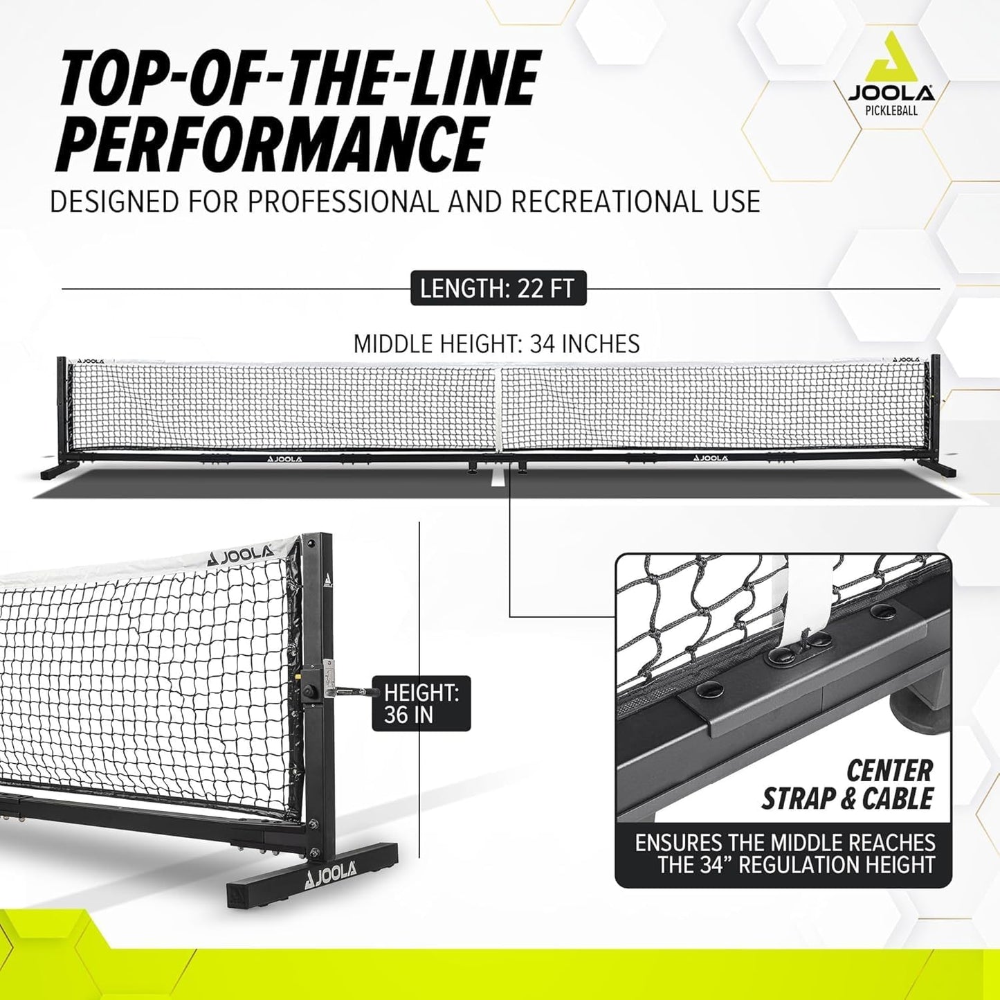 JOOLA pickleball infographic for the JOOLA Pro Pickleball Net (S). Image shows close up and fair away shots to highlight the height and length of the net.
