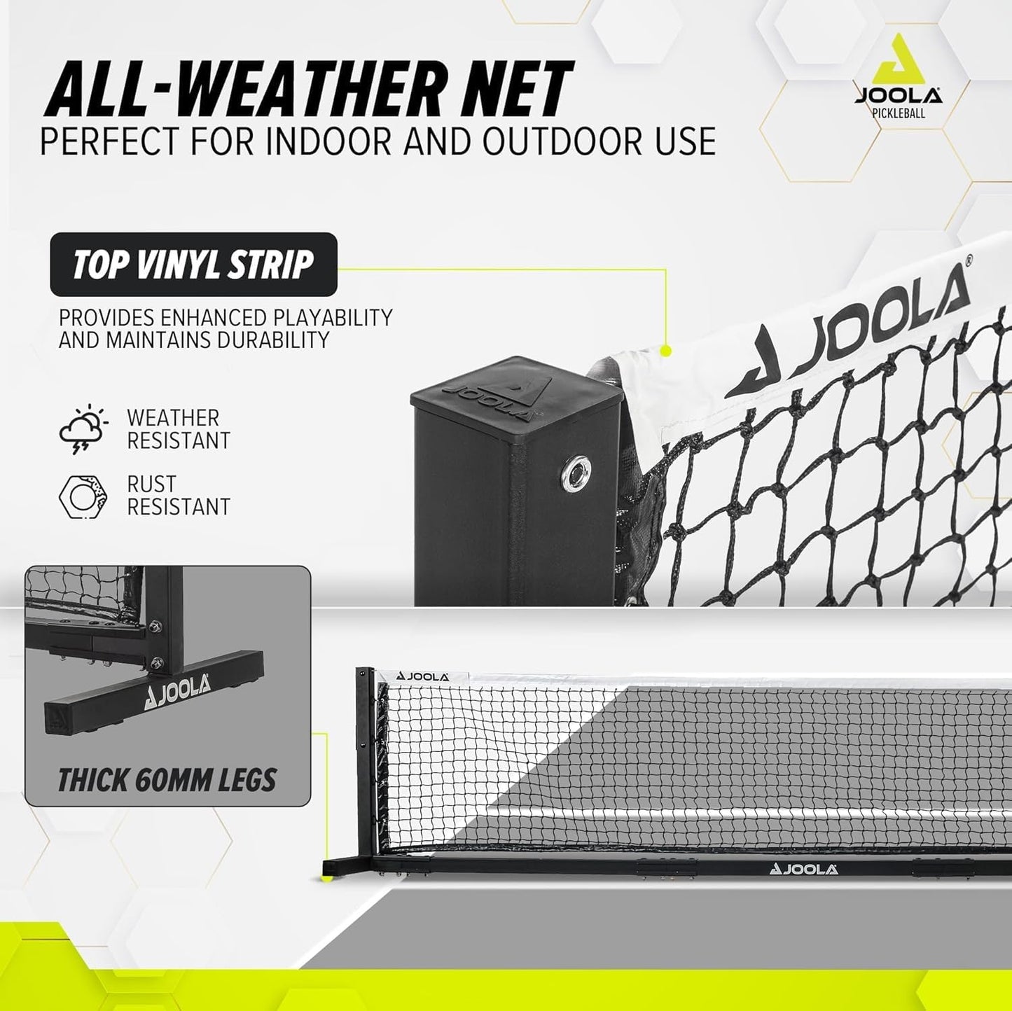 JOOLA pickleball infographic showing the all-weather net, perfect for outdoor or indoor use features of the JOOLA pro pickleball net (S).