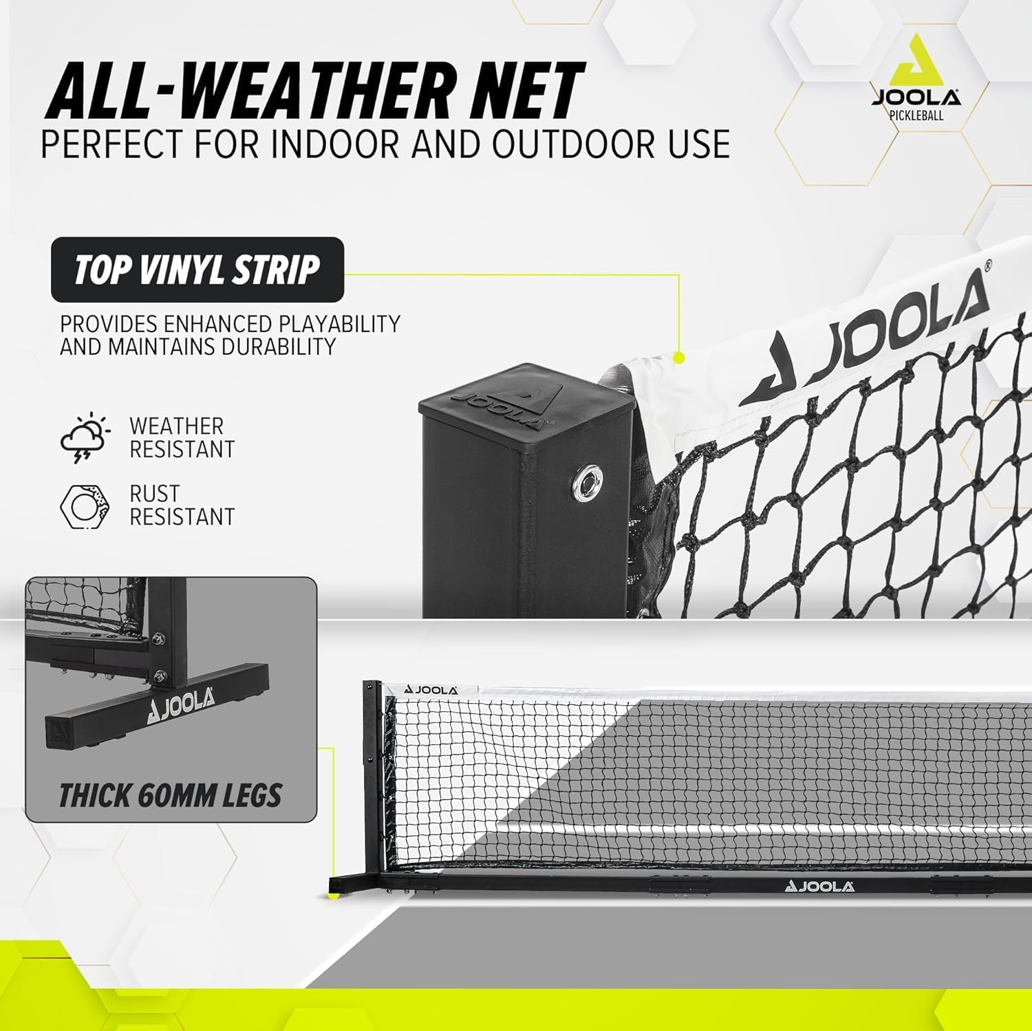 JOOLA pickleball infographic showing the all-weather net, perfect for outdoor or indoor use features of the JOOLA pro pickleball net (S).