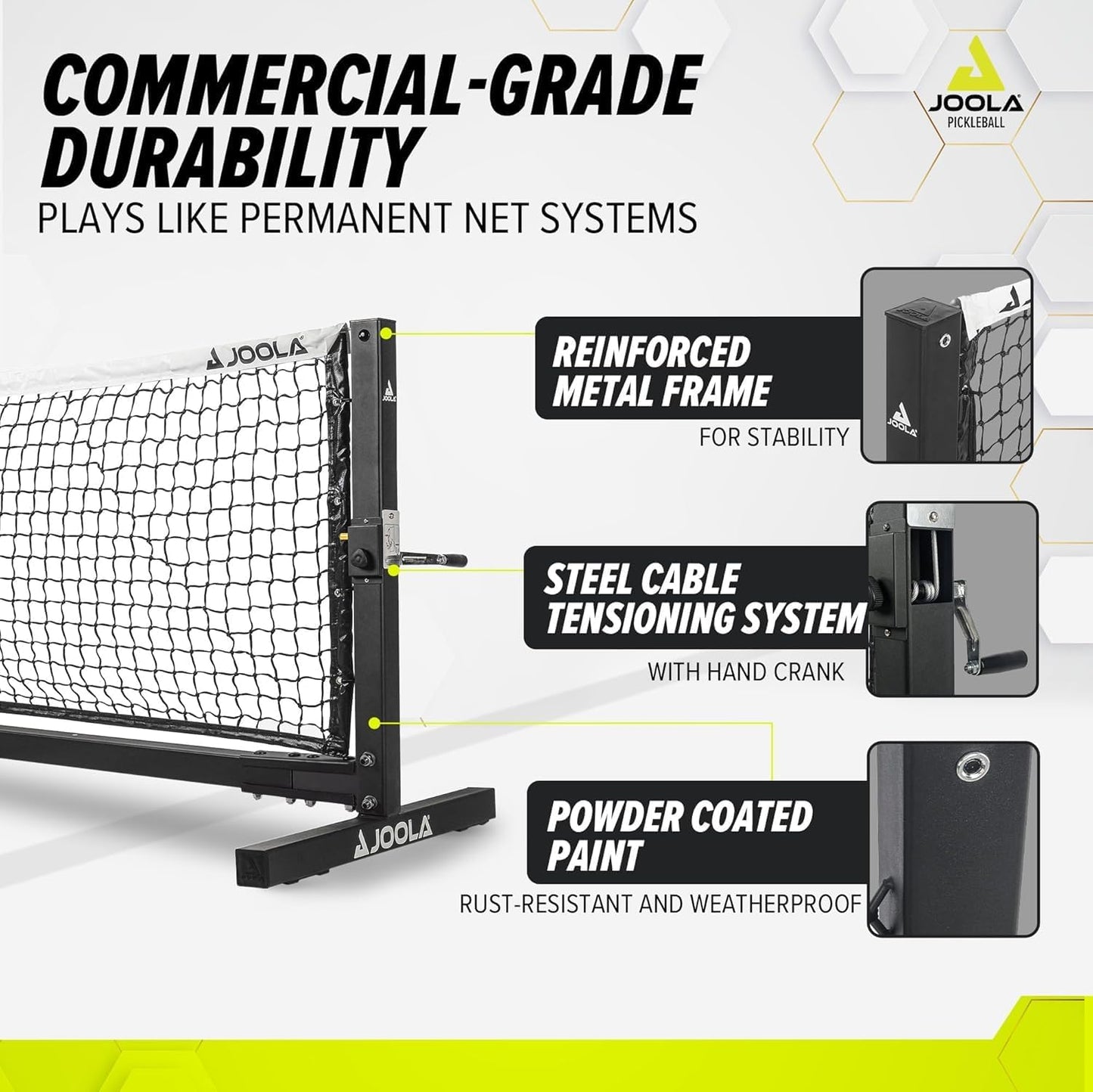 JOOLA pickleball infographic for the JOOLA pro pickleball net (S). Reinforced metal Fram, steel cable tensioning system and pewter coated paint are all featured in the image.
