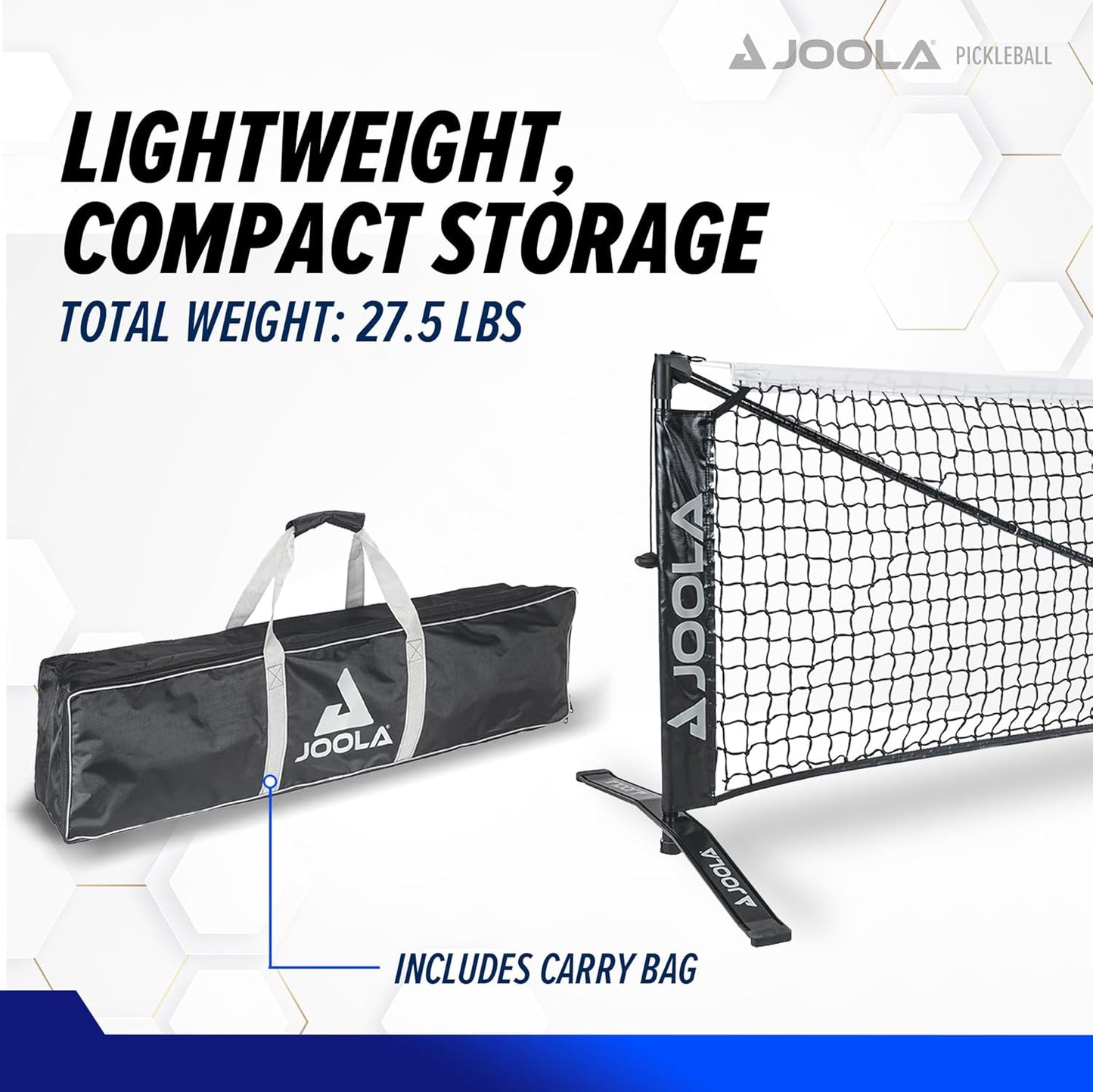 JOOLA pickleball infographic showing the lightweight, compact storage of a JOOLA portable pickleball net.