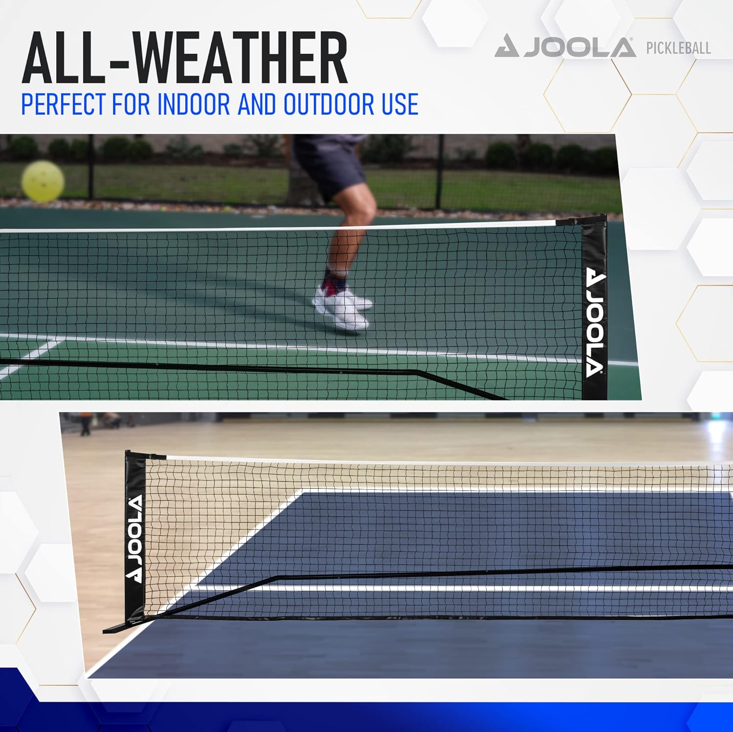 JOOLA pickleball infographic showing the all-weather indoor and outdoor use for the JOOLA Elemental Pickleball Net.