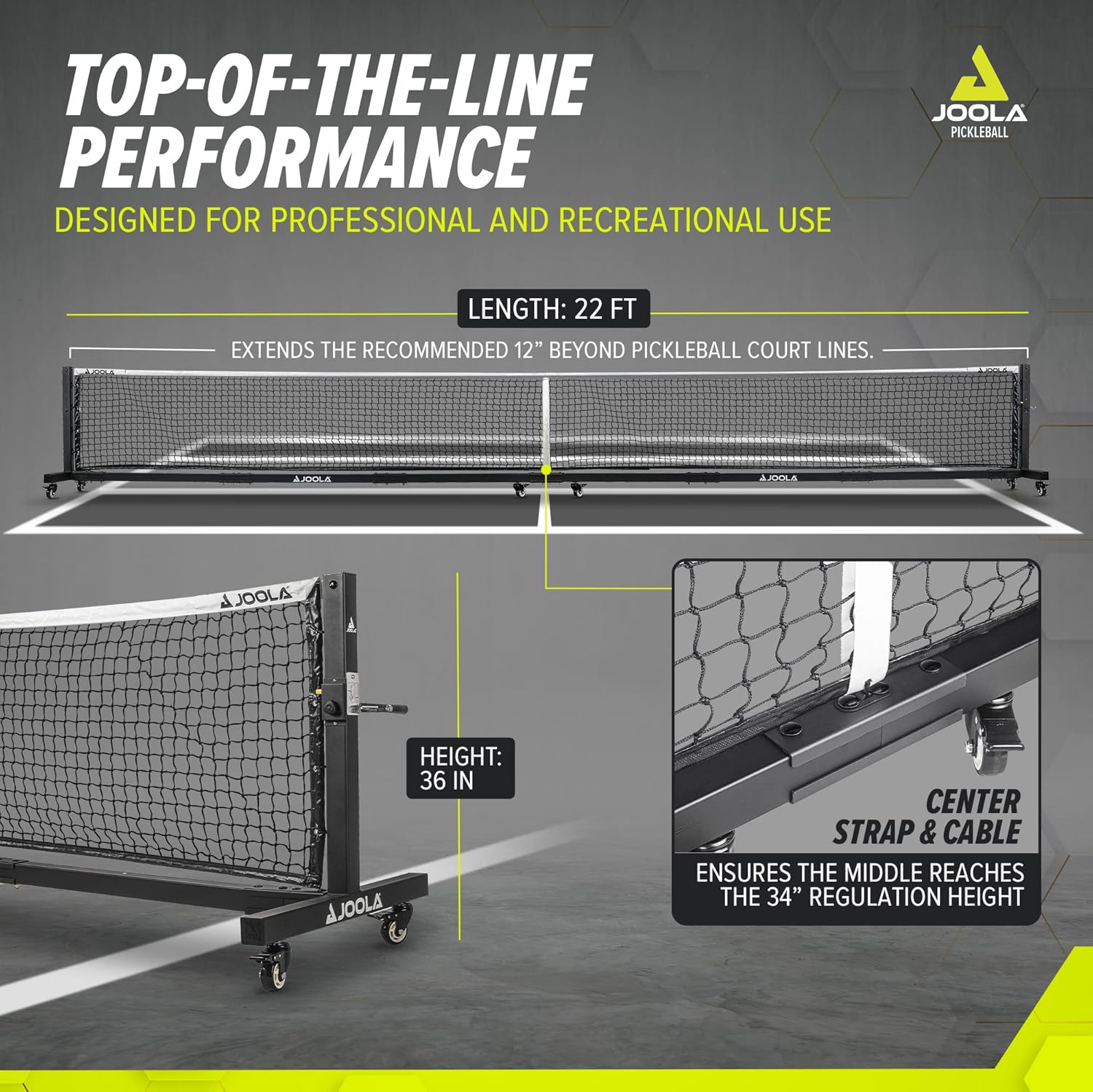 JOOLA pickleball infographic showing the height and length specs of the JOOLA pro pickleball net.