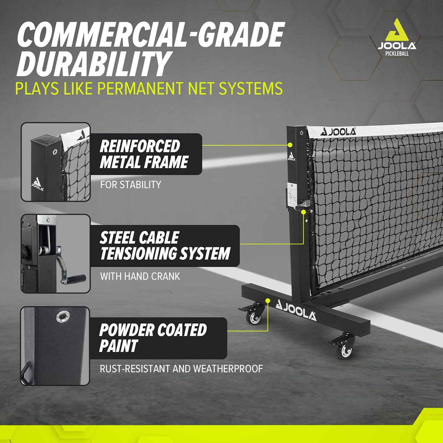 JOOLA pickleball infographic showing the commercial-grade durability features in the JOOLA Pro Pickleball net.