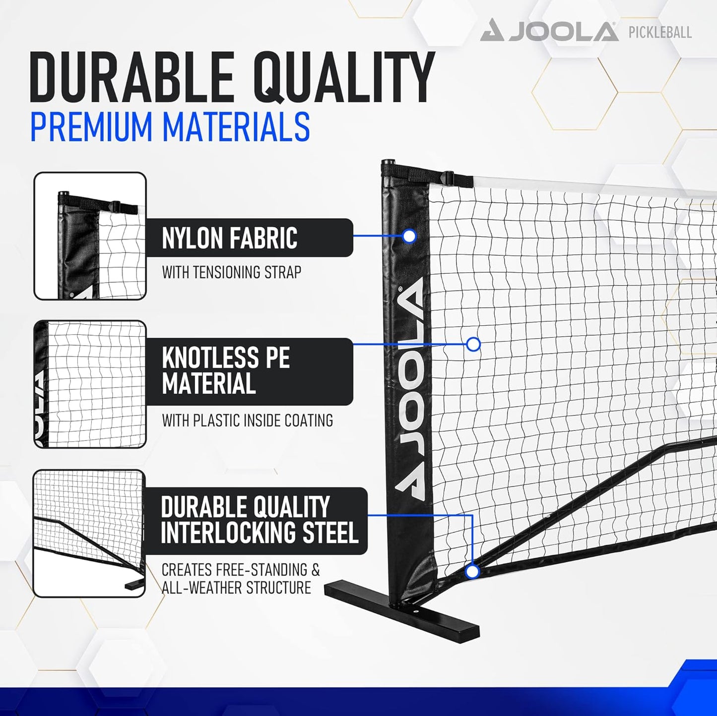 JOOLA pickleball infographic showing the nylon fabric, knotless PE material, and durable quality interlocking steel feet on the JOOLA Elemental Pickleball Net.