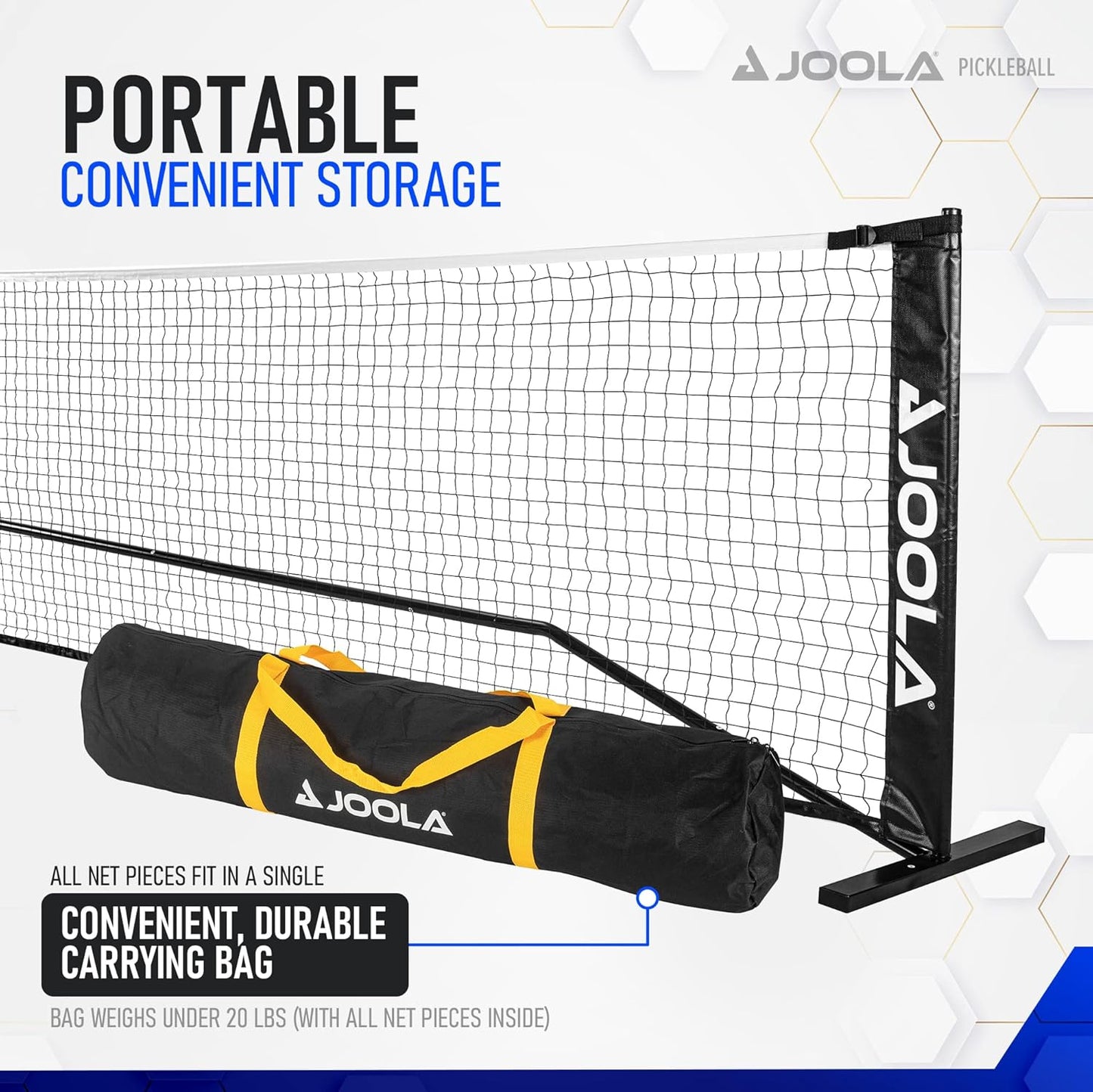 JOOLA pickleball infographic showing the portable convenient storage options for the JOOLA Elemental Pickleball Net. Shows the net and black, white and yellow durable carrying bag.