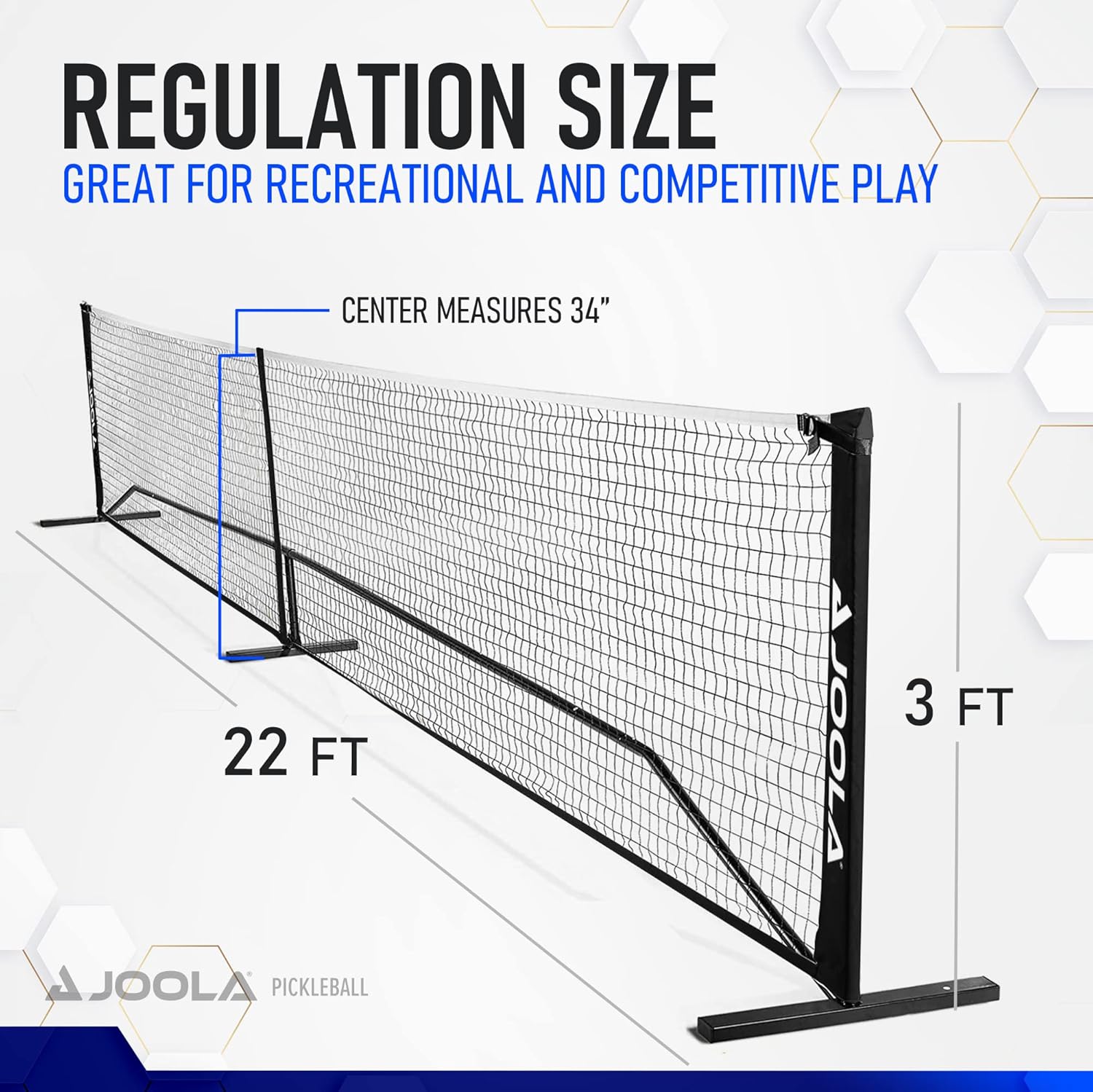 JOOLA pickleball infographic showing the height and length specs for the JOOLA Elemental Pickleball Net.