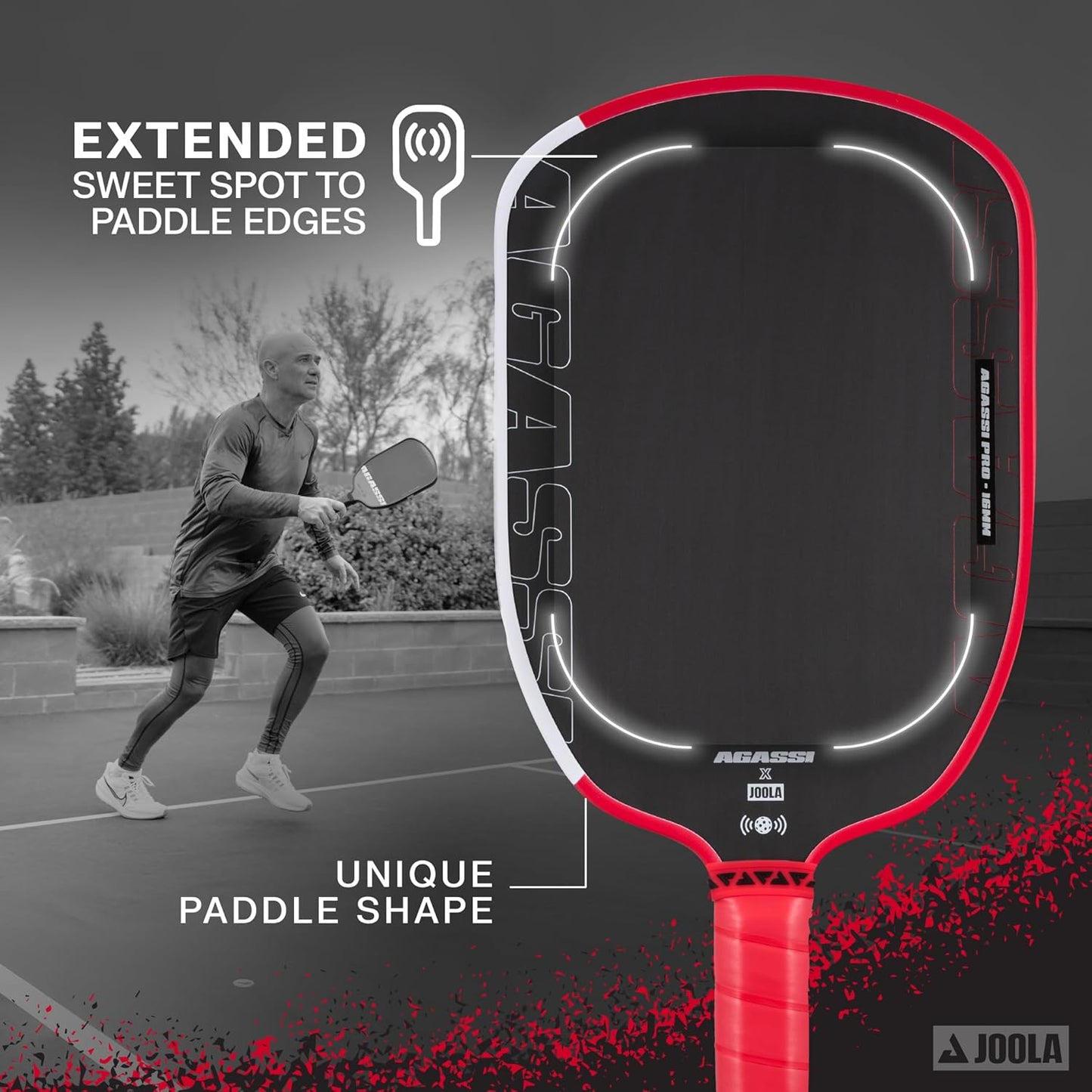 JOOLA's breakdown of a Agassi Pickleball paddle with extended sweet spot feature and player on court in background.