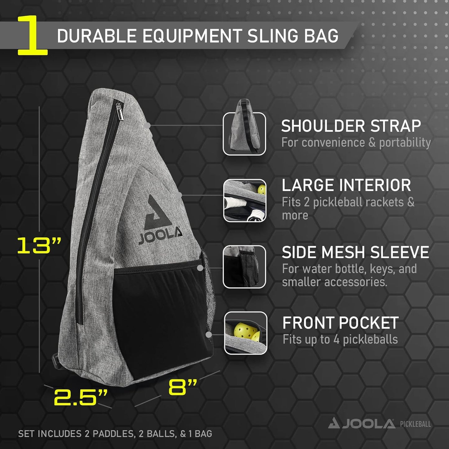 Inforgraphic showing the complete breakdown and specs for the JOOLA Essentails pickleball paddle set.