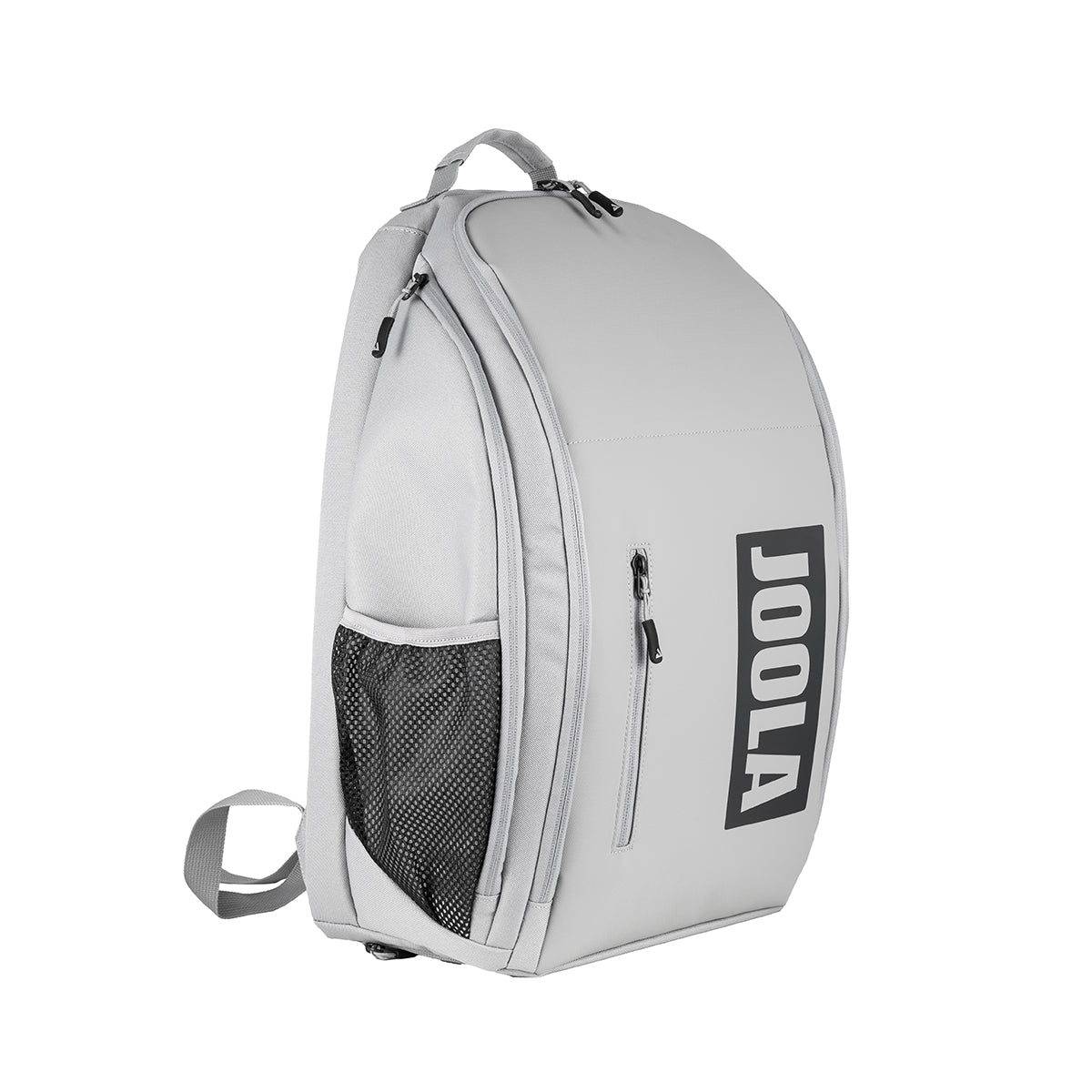 Angled view of the Gray JOOLA Vision II backpack on a white background shows side mesh pocket.