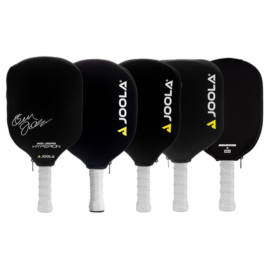 White background, five different versions of JOOLA Neoprene pickleball paddle covers.