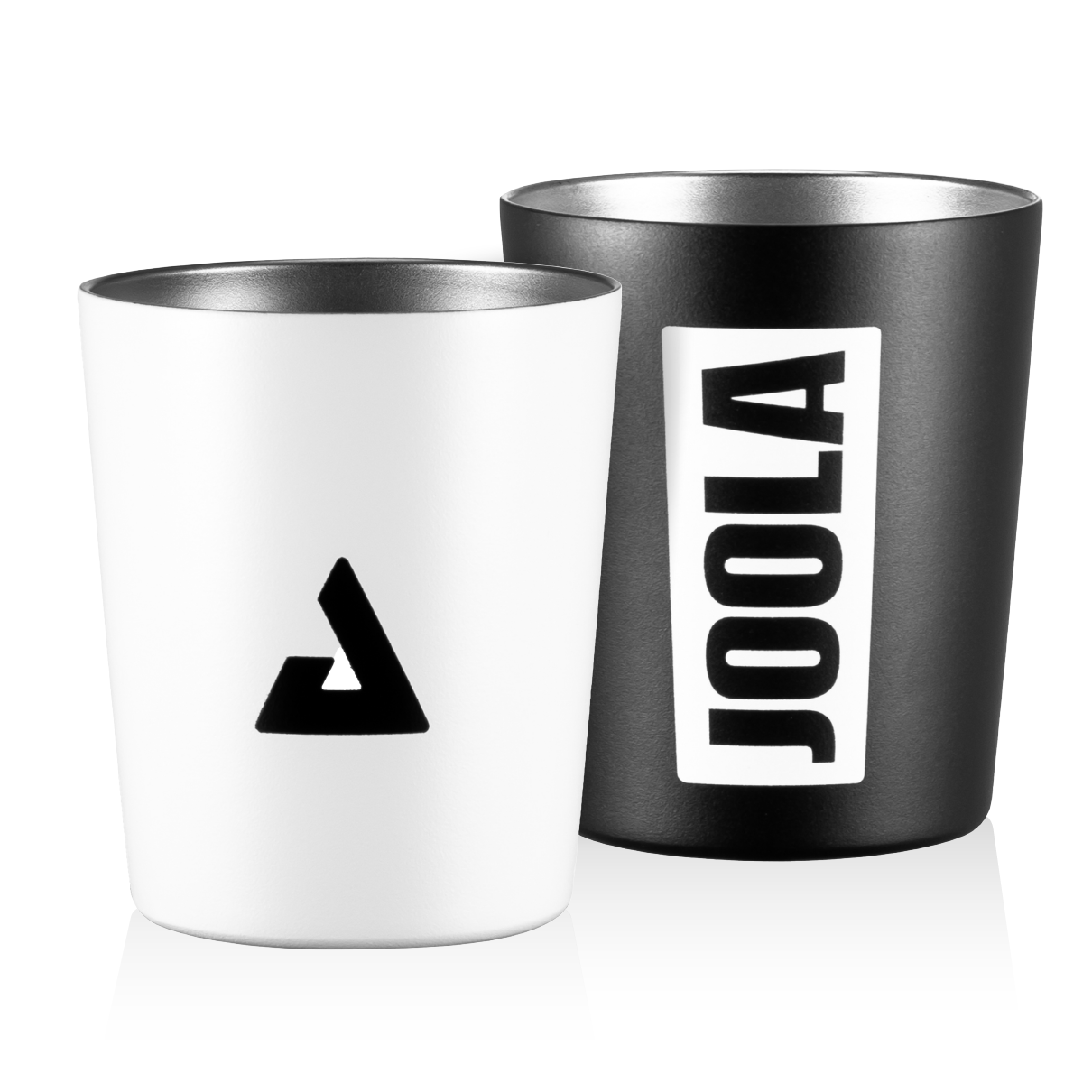 White background, product image of a white and black JOOLA tumbler 2 pack of insulated cups.