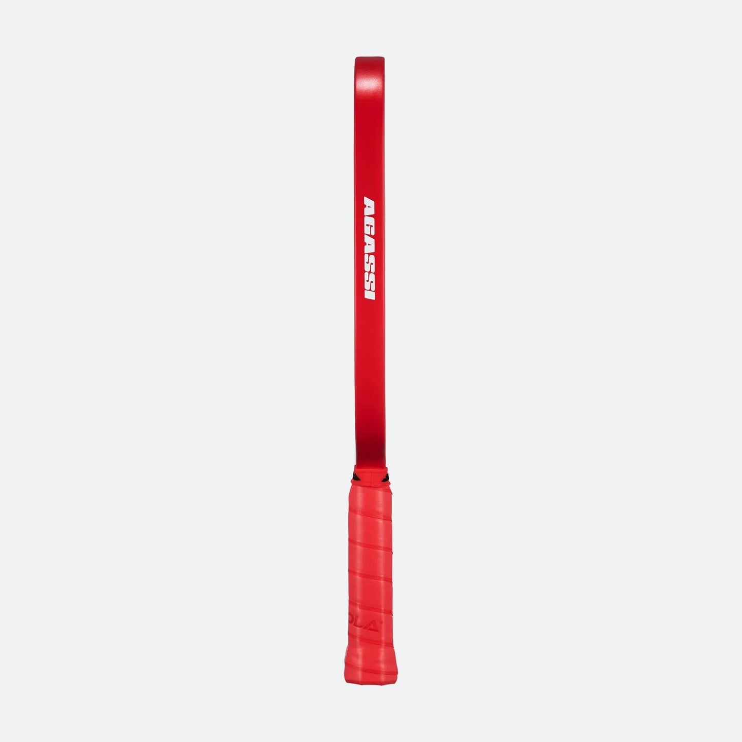 White background image, view of the red edge guard with Agassi logo on the side of the Agassi x JOOLA Pro Pickleball Paddle.