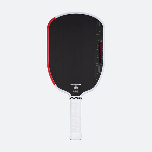 White background, product image of the Agassi x JOOLA Graf Pro pickleball paddle with white handle, black surface and white and red edge guard.