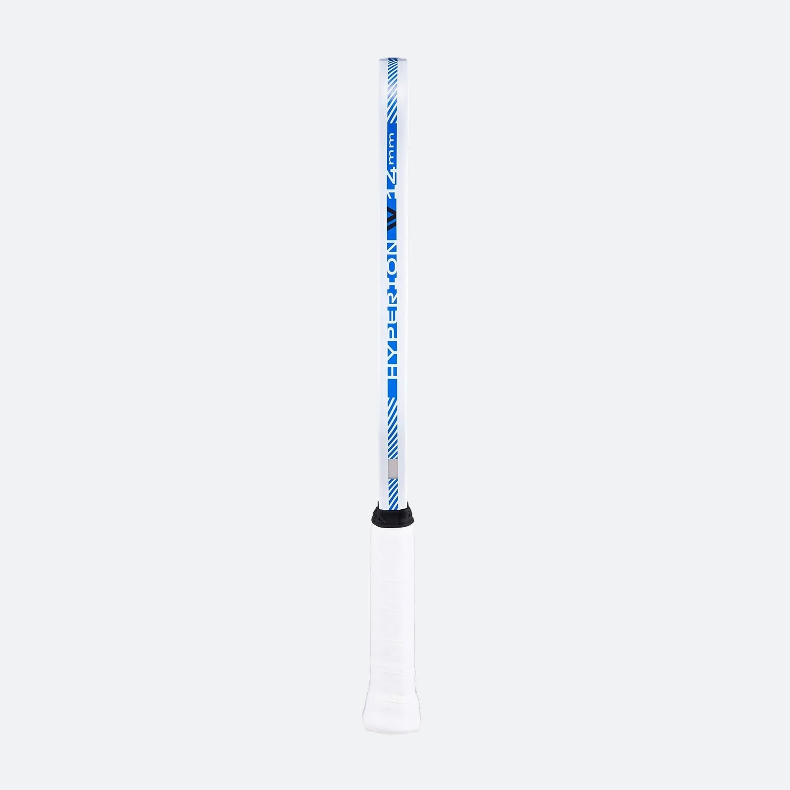 Close up image of the side of the JOOLA Ben Johns Hyperion Pro IV Pickleball Paddle. Image shows the blue and white Hyperion Pro IV logo on the paddles edge guard. 14mm.