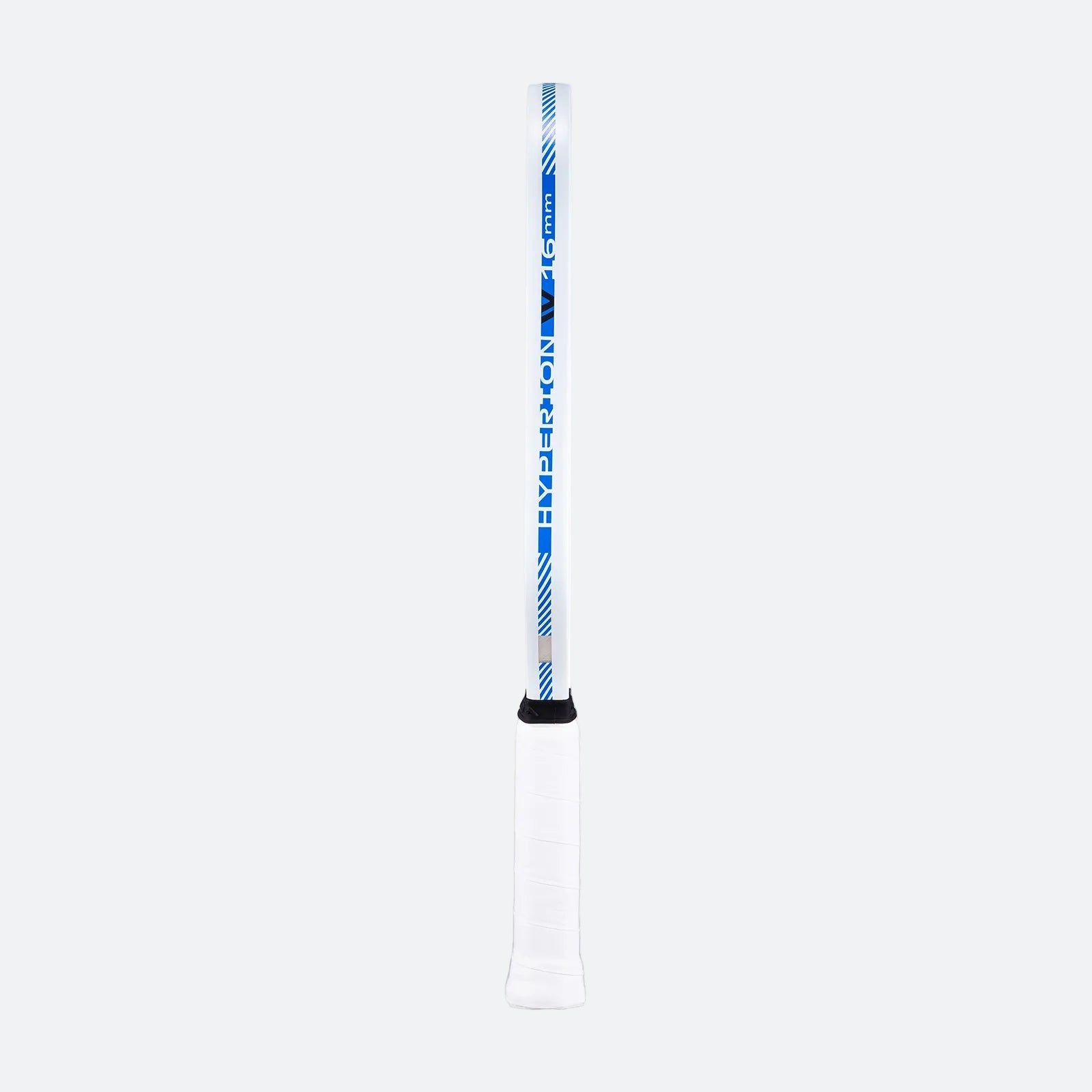 White background, product image of the JOOLA Ben Johns Hyperion Pro IV pickleball paddle. Image shows the blue and white edge guard. 16mm.