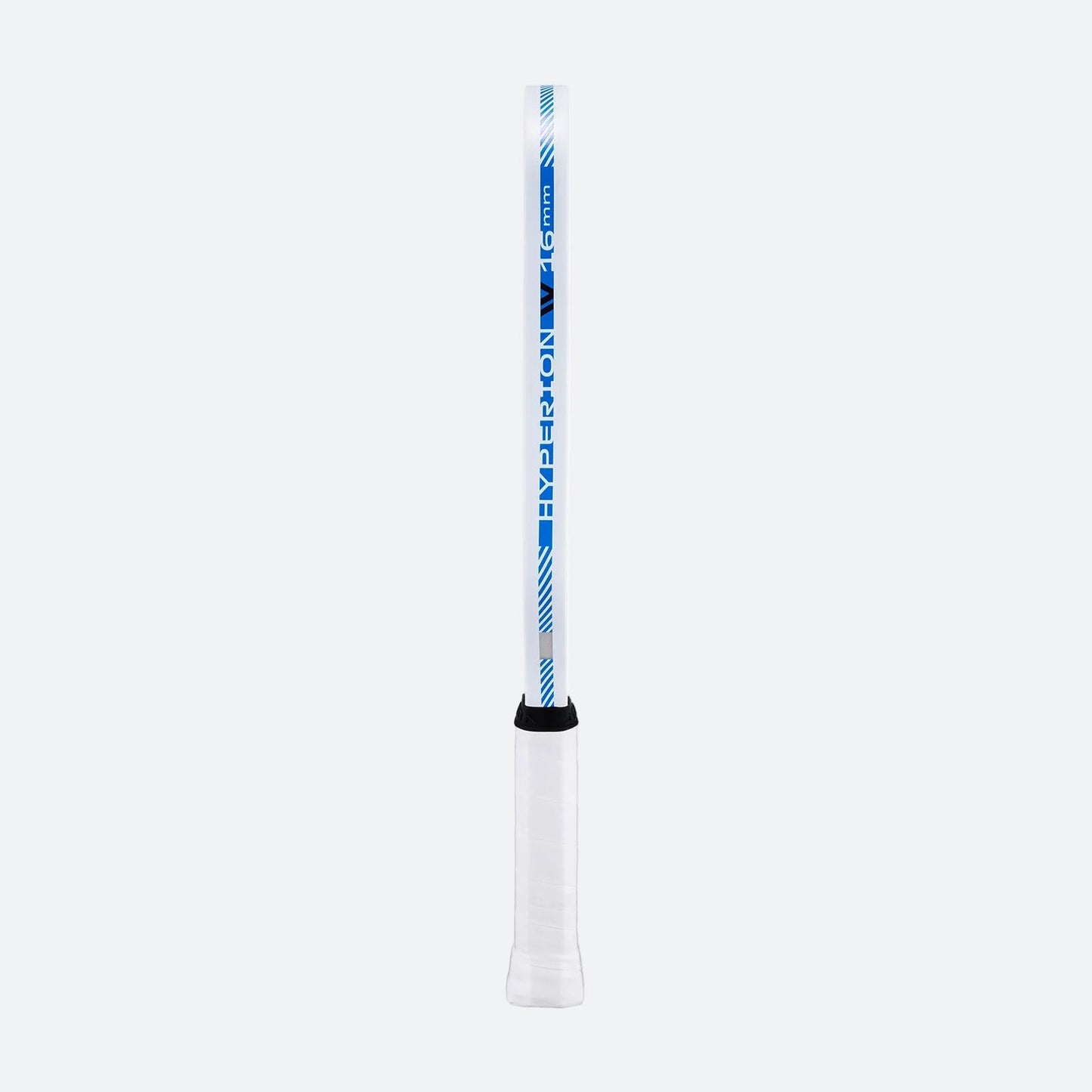 White background, product image showing the blue and white edge guard of the JOOLA Simone Jardim  Hyperion Pro IV Pickleball Paddle, 16mm.