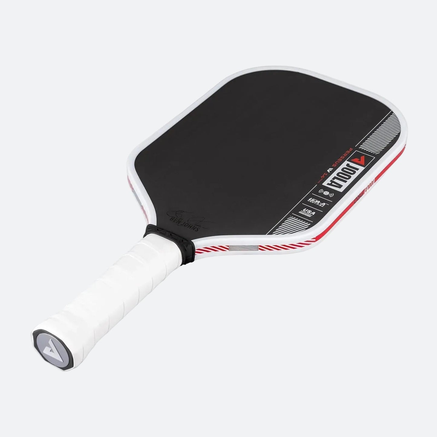 White background image, product image of the JOOLA Ben Johns Perseus Pro IV Pickleball paddle. White handle, black surface, white edge guard. 14mm.