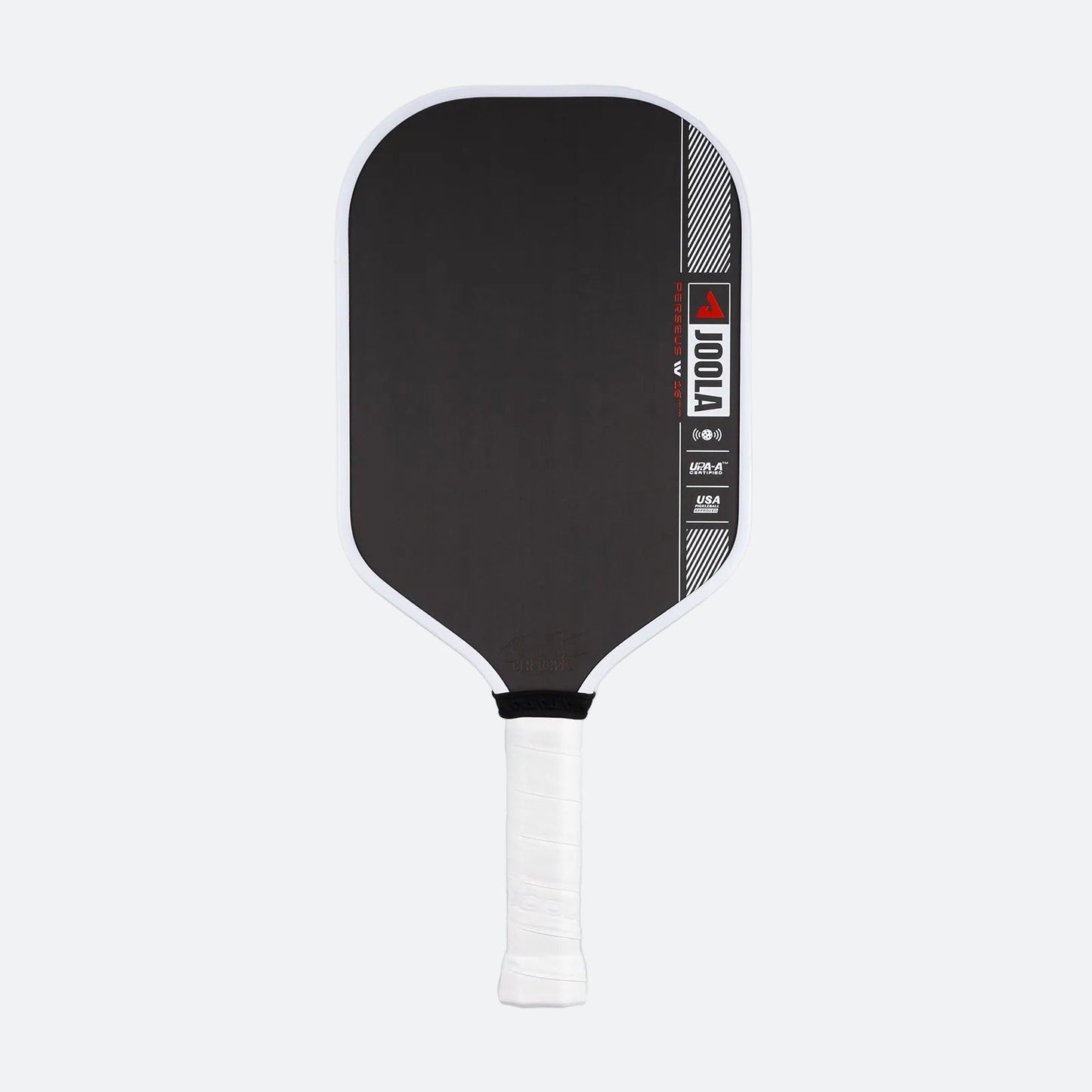 White background image, product image of the JOOLA Ben Johns Perseus Pro IV Pickleball paddle. White handle, black surface, white edge guard. 16mm.