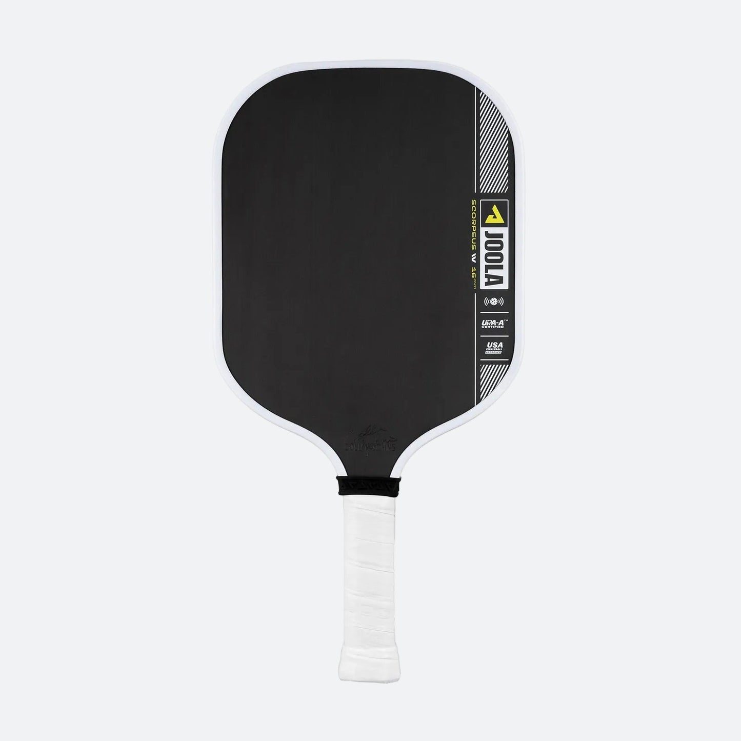 White background, product image of the JOOLA Collin Johns Scorpeus Pro IV Pickleball Paddle, 16mm.