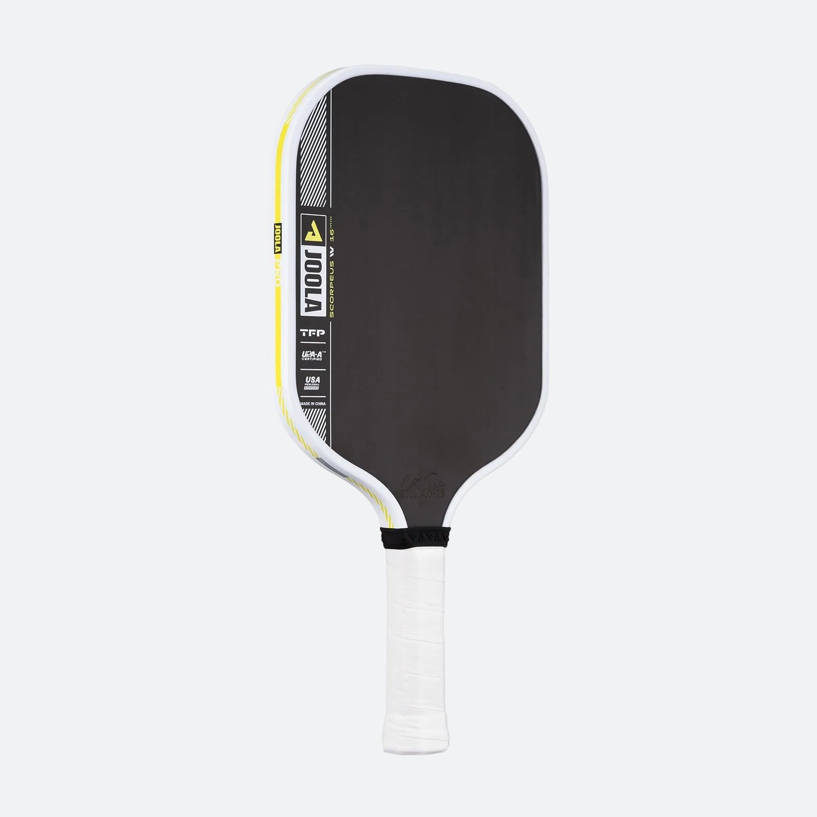 Slightly angled view of the JOOLA Collin Johns Scorpeus Pro IV Pickleball Paddle, 16mm.