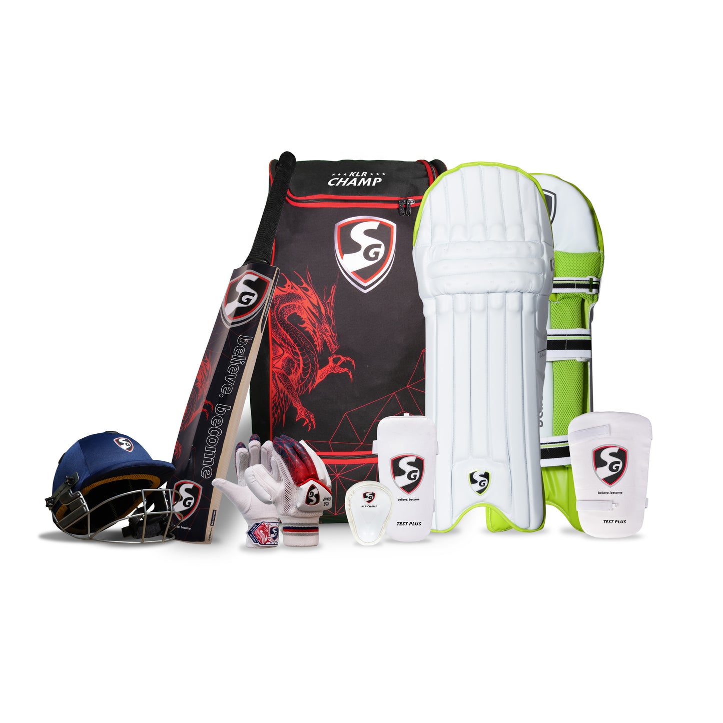 Cricket Kit Set Combo | SG KLR Champ | KW Cricket Bat + Batting Gloves & Pads + Helmet + Elbow Guard + Thigh Pad + Abdo Guard + Wheelie Kit Bag