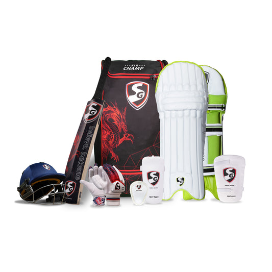 Cricket Kit Set Combo | SG KLR Champ | KW Cricket Bat + Batting Gloves & Pads + Helmet + Elbow Guard + Thigh Pad + Abdo Guard + Wheelie Kit Bag