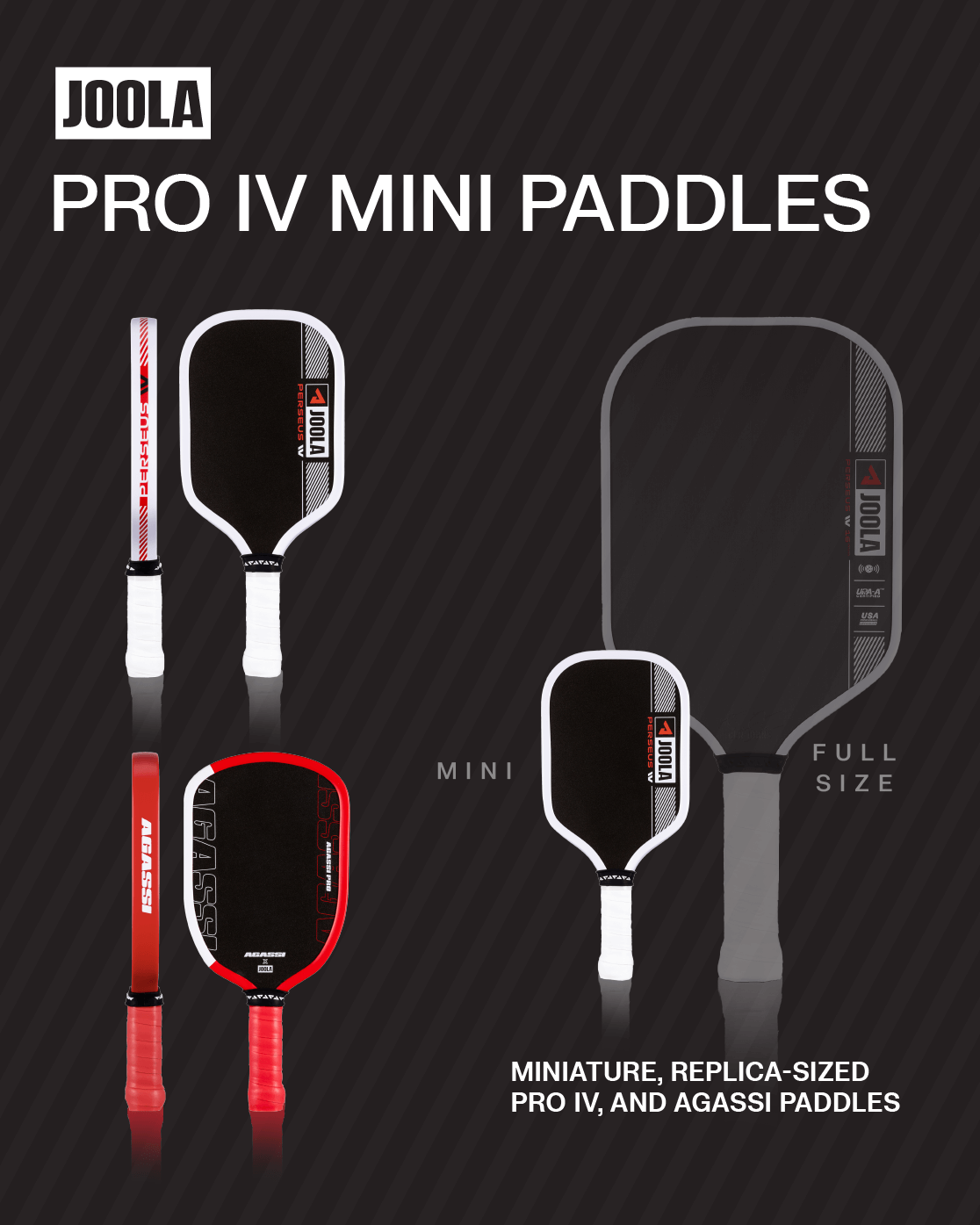 Joola Pro IV Mini Paddles with miniature, replica-sized, and full-size paddles on a dark background.