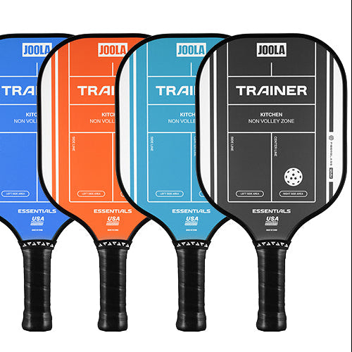 White background, product image of four JOOLA Trainer pickleball paddles. Blue, Orange, Teal and Black.