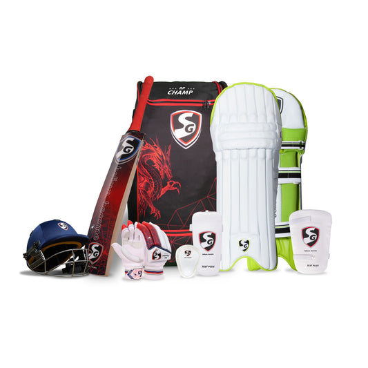 Cricket Kit Set Combo | SG RP Champ | KW Cricket Bat + Batting Gloves & Pads + Helmet + Elbow Guard + Thigh Pad + Abdo Guard + Wheelie Kit Bag