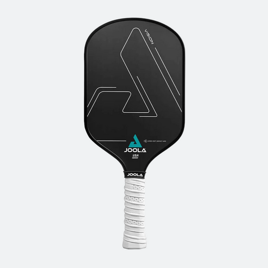 White Background Image: Product image of the JOOLA Vision CGS 16 mm Pickleball Paddle. Black paddle surface.