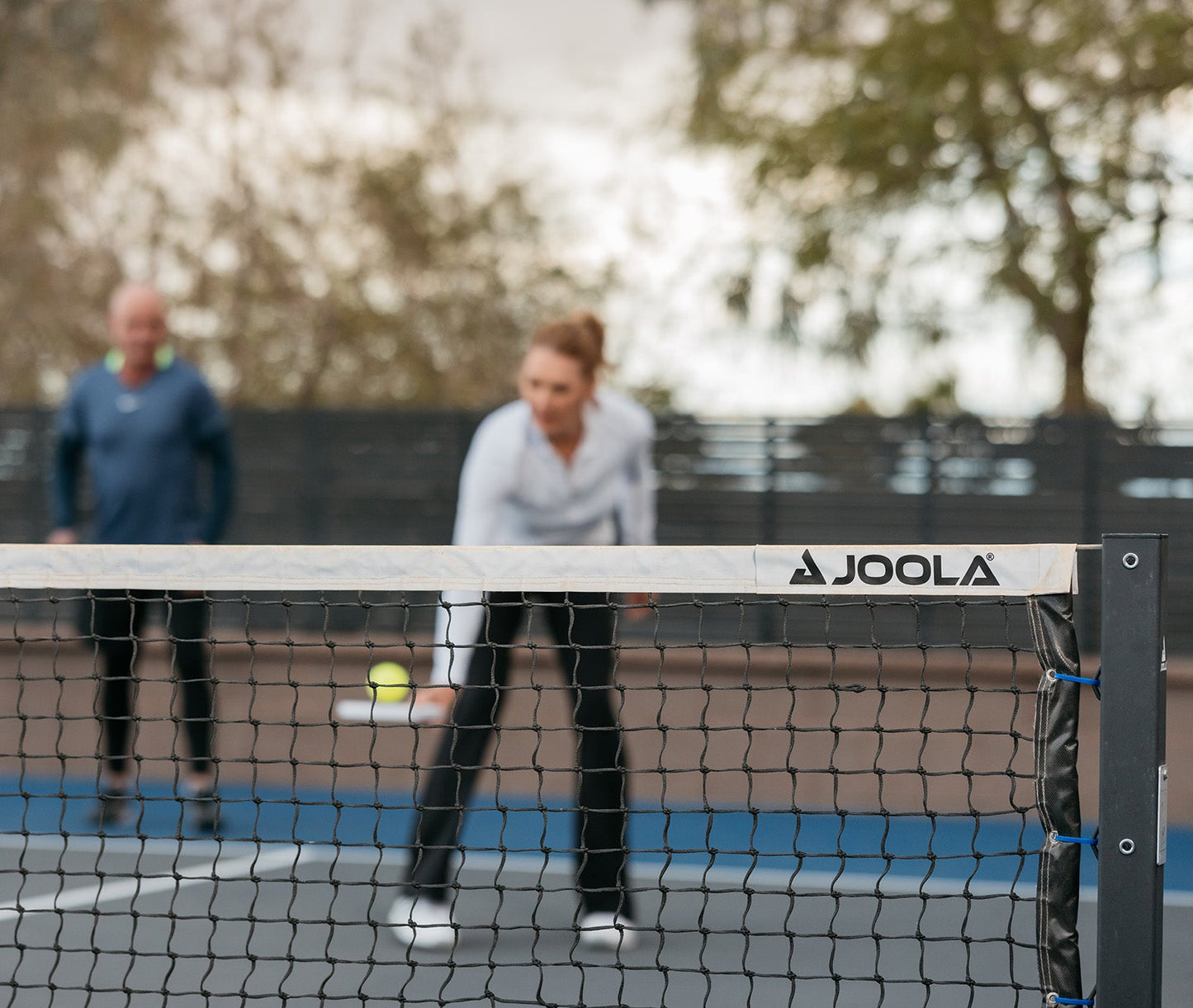 Image of the JOOLA Pro Pickleball net in the foreground of the image and Andre Agassi and Stefi Graf in the background.